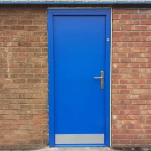 Blue security door with kick plate 510x510